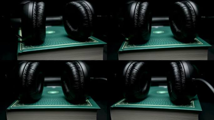 书和黑色耳机在黑色背景。有声书概念。