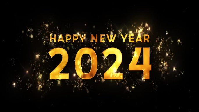 祝2024年新年快乐，黑底白金文。粒子和闪闪发光的星星。新年概念。动画假期社会邮政数字卡。