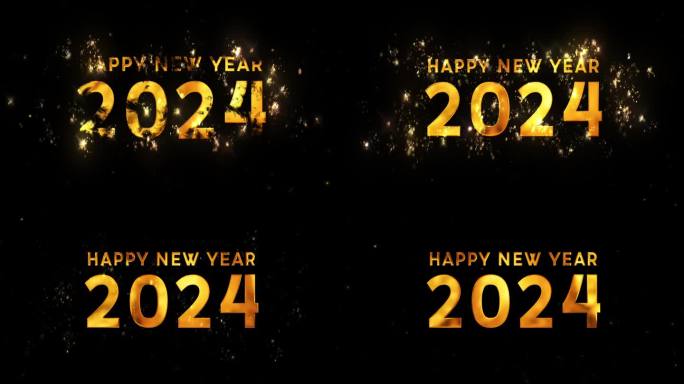 祝2024年新年快乐，黑底白金文。粒子和闪闪发光的星星。新年概念。动画假期社会邮政数字卡。