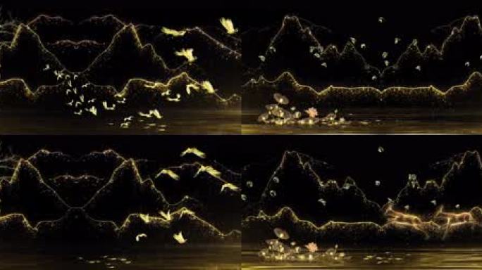 中国风舞台背景-8K-金色山水粒子鹿群