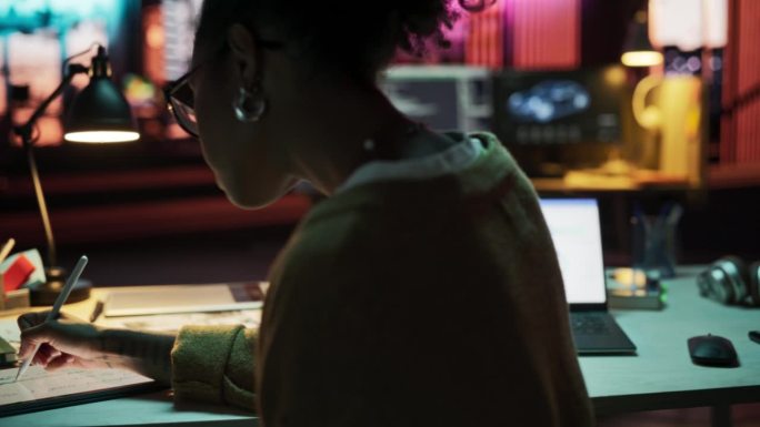 多莉后景:激励黑人女性使用笔记本电脑和平板电脑在创意机构在晚上。在一家广告公司从事创意工作的敬业女性