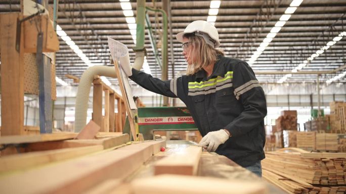 在一家木工工厂工作的女木匠，她戴着安全帽和眼镜。对照设计文件检查板材的整齐程度。