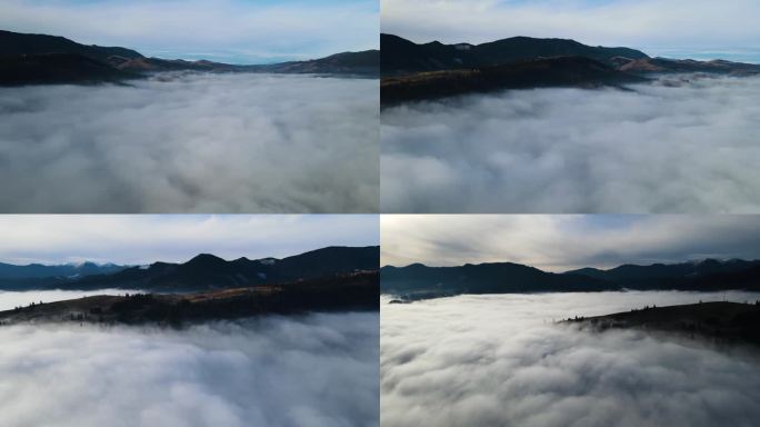 飞过山顶的云层。山峰高耸，清晨日出，自然景观优美