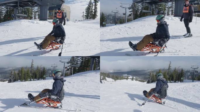 适应性强的运动员在美丽的冬日里坐着滑雪