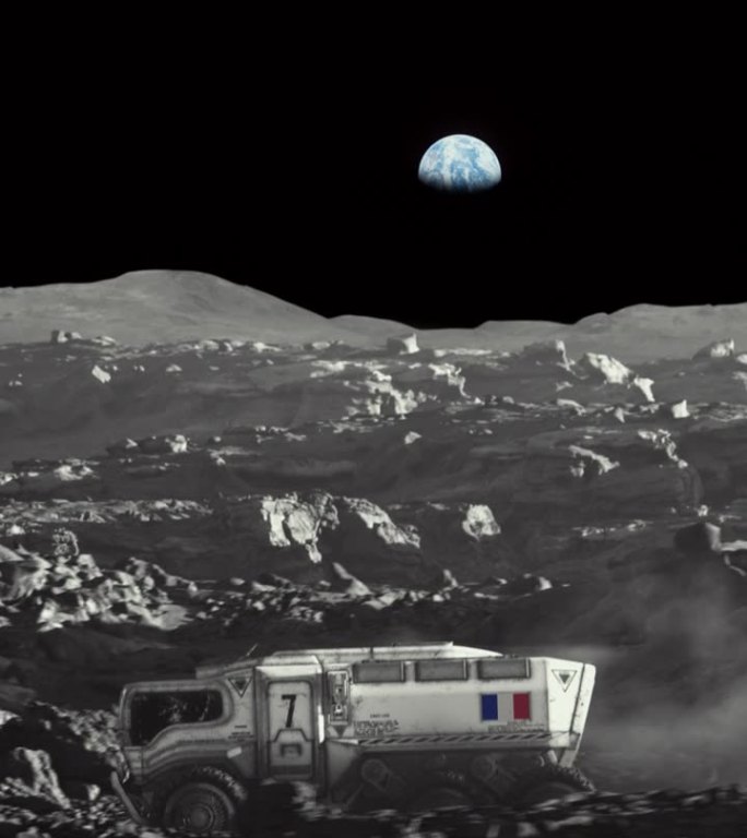 月球的太空殖民。放大带法国国旗的月球车探索月球表面的垂直视频
