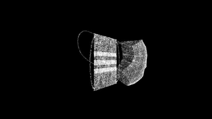 3D医用口罩在黑色背景上旋转。由闪闪发光的微粒构成的物体。医学概念。用于标题，文本，演示。3d动画6