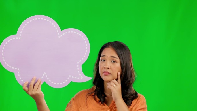 亚洲女性，思考和演讲泡沫在绿色屏幕上的问题或想法在工作室背景。有思想的女性在思考，选择或决定的肖像与