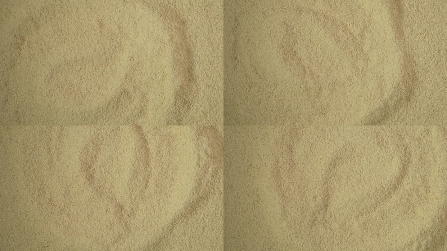 玛咖粉的质地，特写。玛卡糊化面粉。秘鲁超级食品，天然有机补充剂。4K视频，旋转