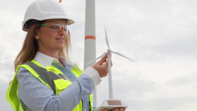 绿色科技女研究员:设计师规划未来，风力涡轮机将成为清洁电力的主要来源。有远见的工程师:一名妇女制定了