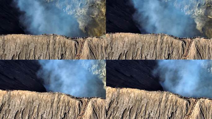 印度尼西亚东爪哇的活火山，烟雾弥漫。鸟瞰火山口古农布罗莫火山是腾格里塞梅鲁国家公园的一座活火山。