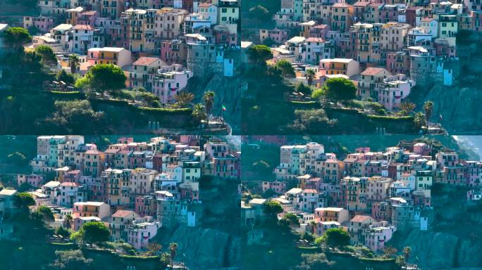 五渔村马纳罗拉市鸟瞰图，意大利利古里亚著名地标，欧洲旅游胜地，五渔村马纳罗拉多彩的岩石小镇，美丽的沿