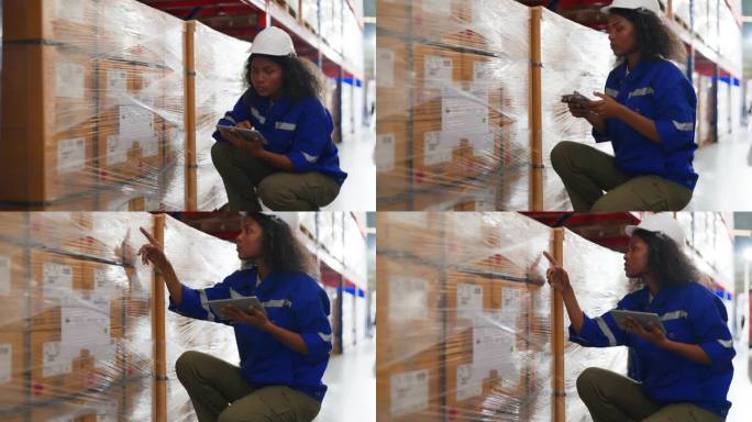 年轻的黑人女仓库工人手持数码平板电脑检查库存管理包装盒。身穿背心、头戴安全帽的非洲裔女工作人员坐在库