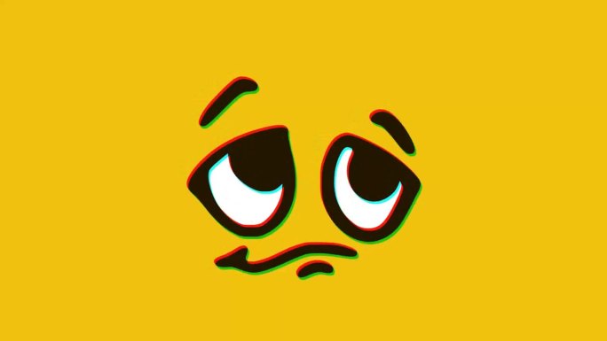悲伤的脸表情符号与故障效果在黄色背景，卡通脸表情动画，表情符号
