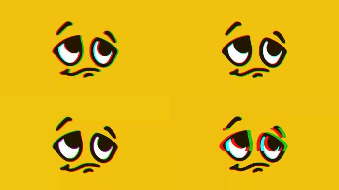 悲伤的脸表情符号与故障效果在黄色背景，卡通脸表情动画，表情符号
