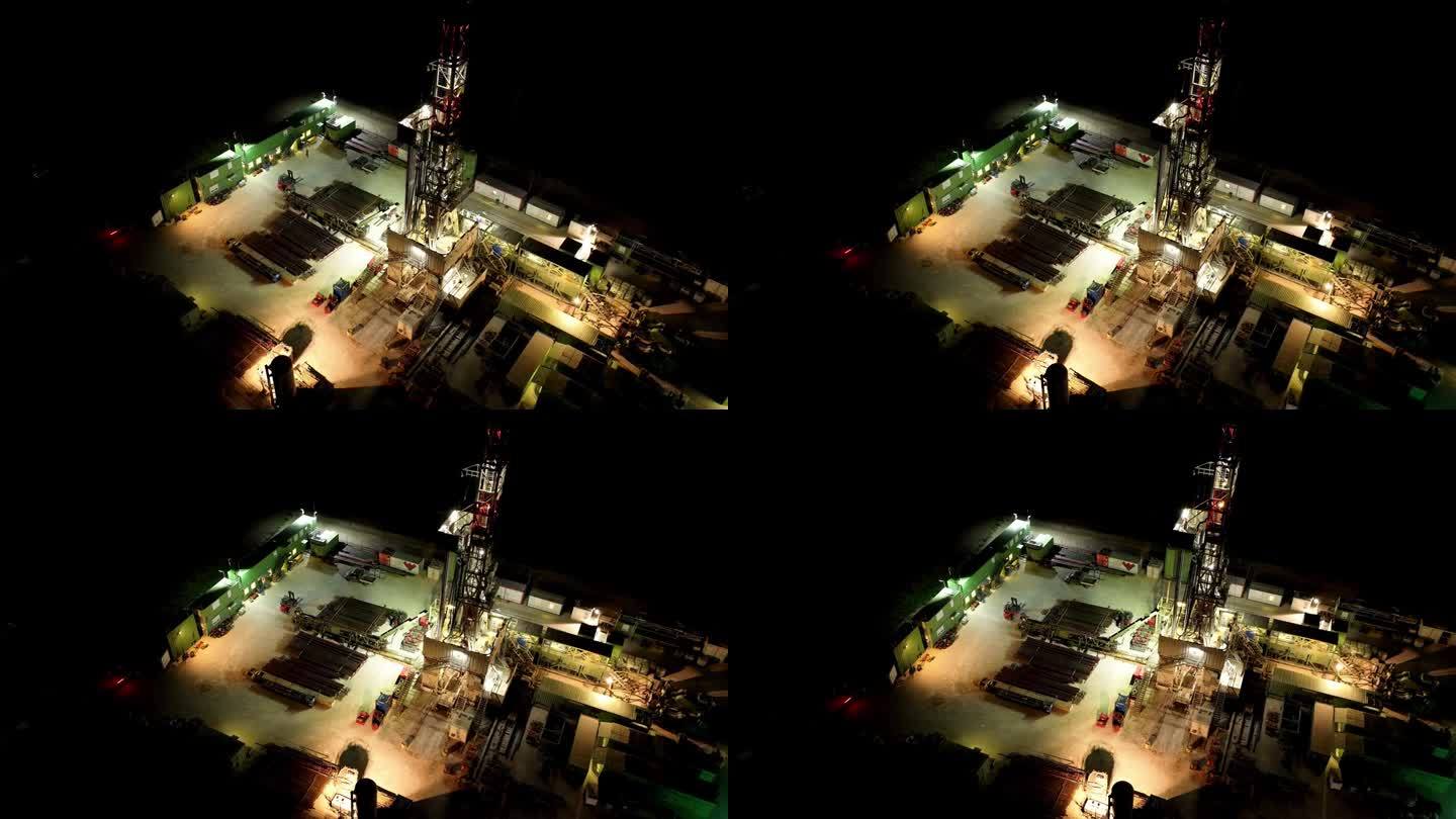 黄昏时海上自升式钻井平台的空中无人机视图。