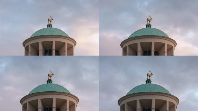 日落天空斯图加特市中心著名建筑顶部黄金亲爱的全景4k延时拍摄德国