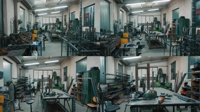 制造工厂焊接头盔附近的SLO金属框架和工作台上的工具