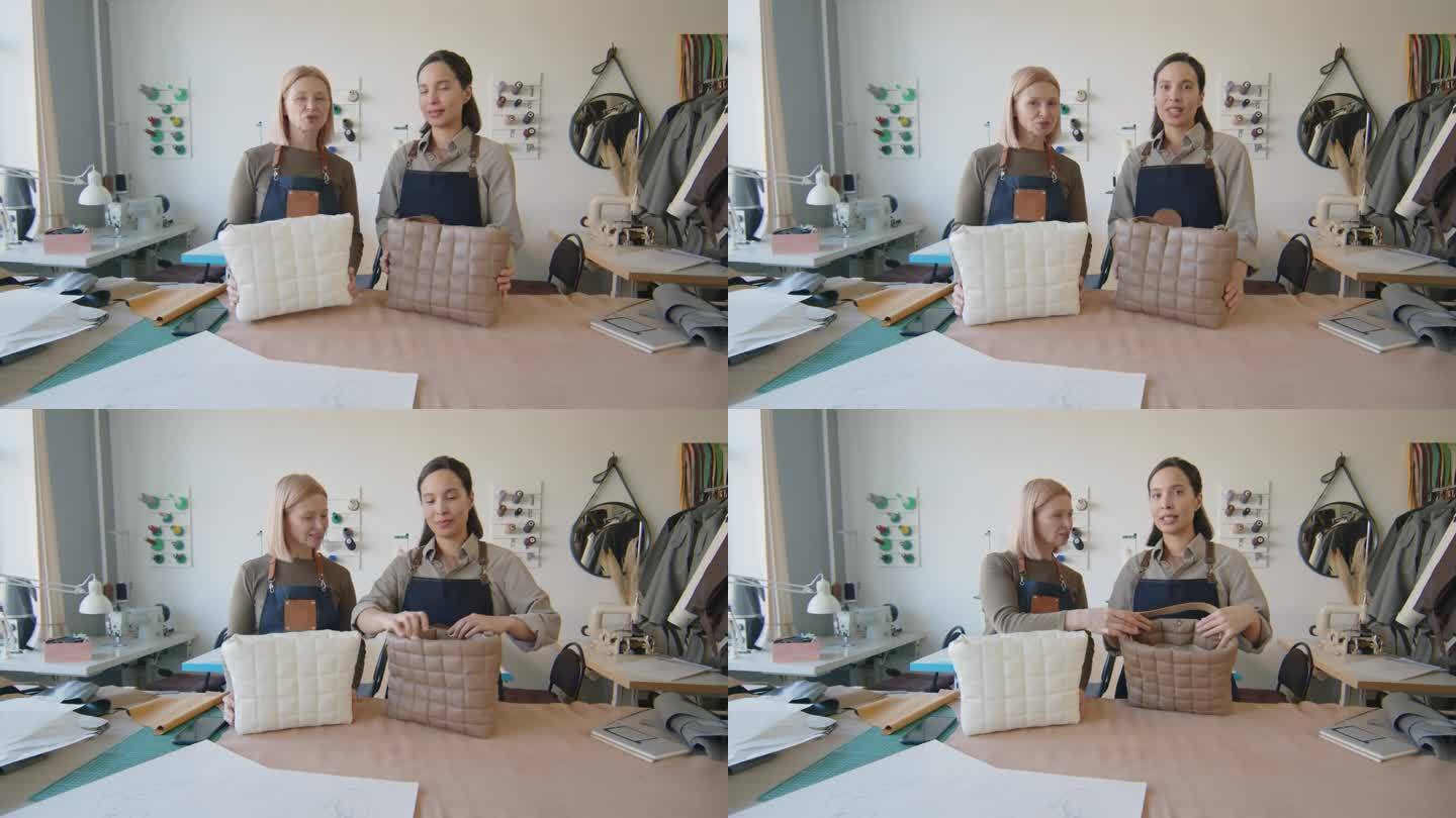 女企业主在皮革车间录制新手袋的视频