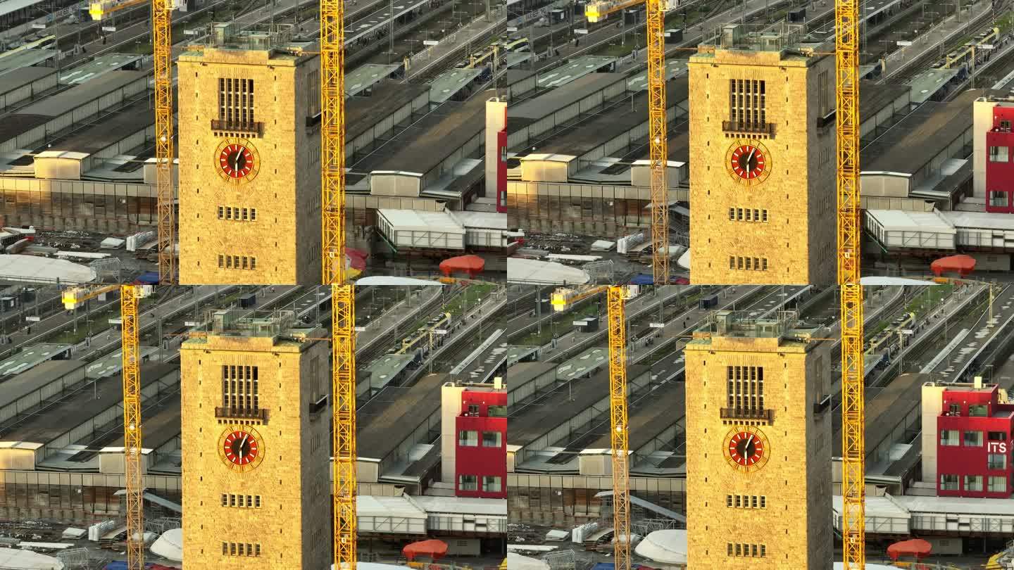 日落时间斯图加特市中心交通铁路钟楼建筑航拍全景4k德国