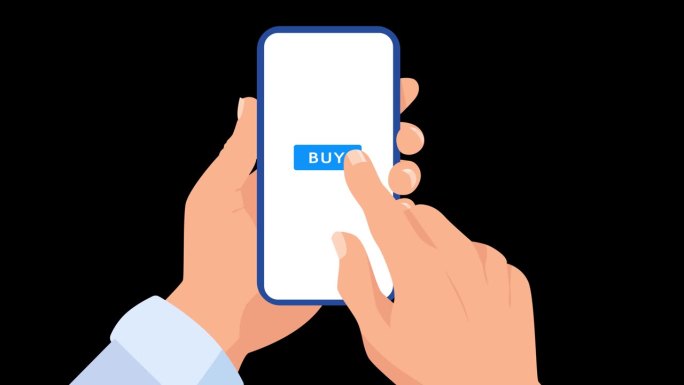 用手点击购买按钮从智能手机上购买。手机网上购物概念。平面人物动画在黑色背景