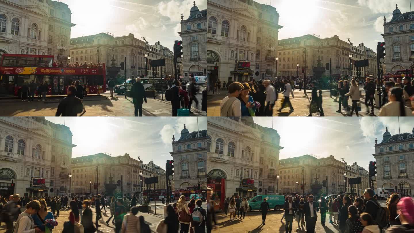 英国伦敦市中心的皮卡迪利广场，拥挤人群的旅游漫步和观光