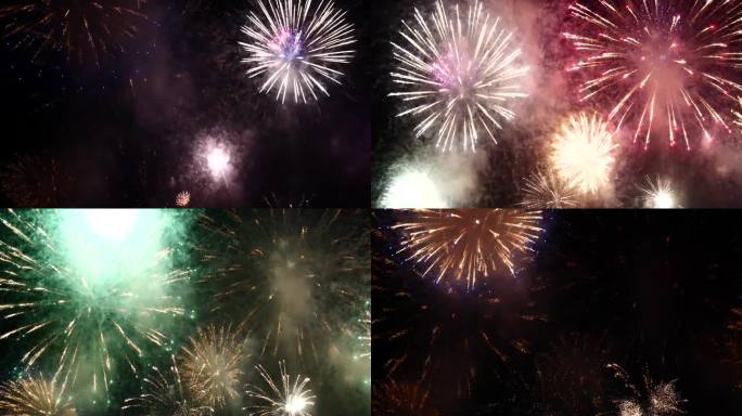 多彩的充满活力的烟花庆祝周年快乐新年2024年，7月4日的节日。五颜六色的烟花在晚上庆祝国庆节。倒计
