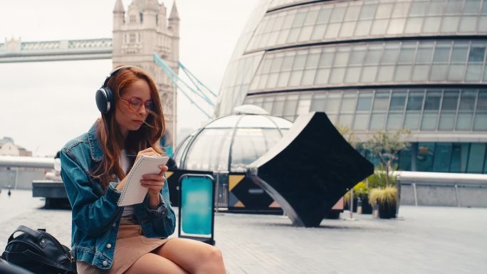 女性视频博主或社会影响者戴着耳机在城市旅行，在书上做笔记