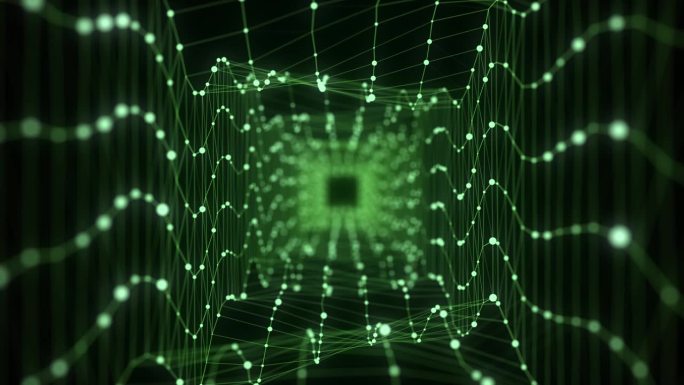 抽象线框隧道。绿色的虫洞。3D传送门网格。未来的幻想方形漏斗。3 d渲染。