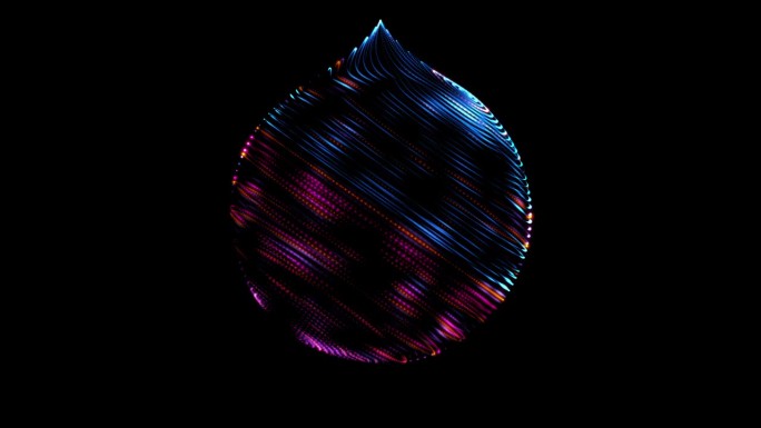 带有流体粒子的抽象球体。流动的液体在黑色背景上的彩虹色。辉光能量螺旋。等离子流球。光的空间。原子能。