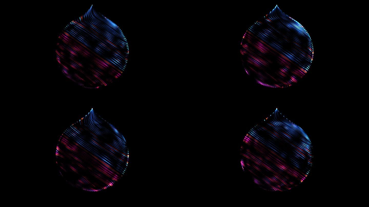 带有流体粒子的抽象球体。流动的液体在黑色背景上的彩虹色。辉光能量螺旋。等离子流球。光的空间。原子能。