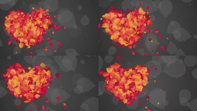由黄色和红色的秋叶在灰色抽象背景上飞舞而成的动画心形。循环运动图形。