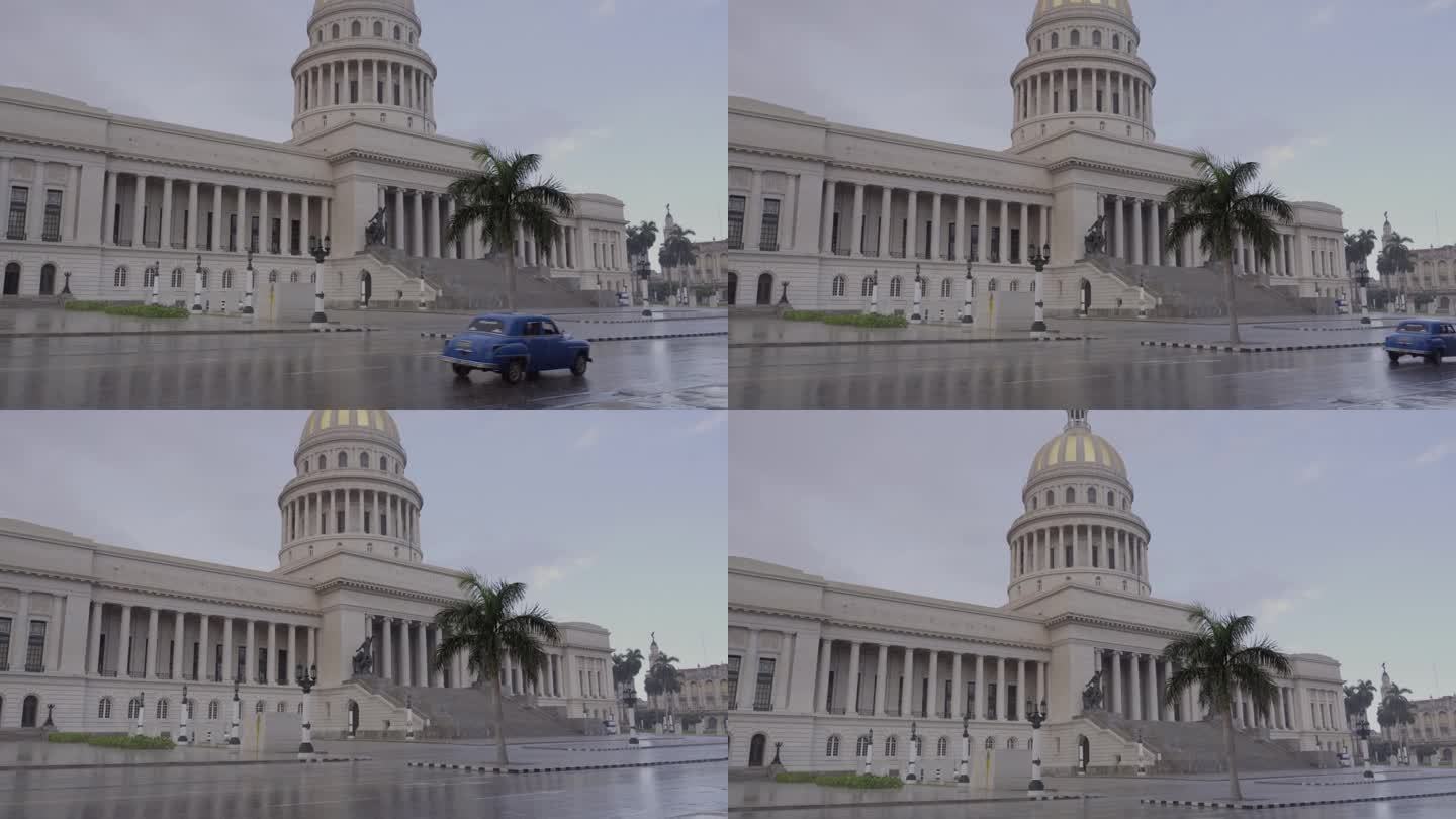 古巴哈瓦那;2022年10月:古巴首都哈瓦那的古巴国会大厦前下雨——古巴的暴雨季节