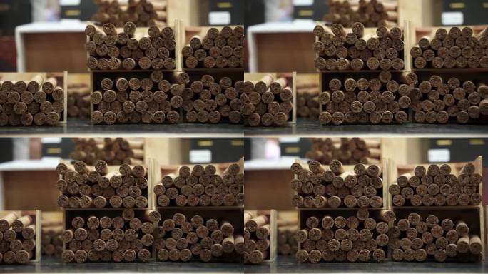 桌子上的木盒里装着许多刚卷好的手工制作的古巴雪茄。这家工厂生产世界上最好的雪茄