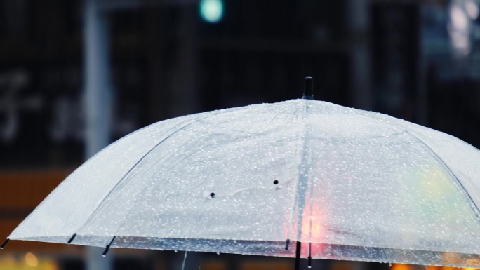 在人行横道的背景下，人们在下雨天撑着透明雨伞。