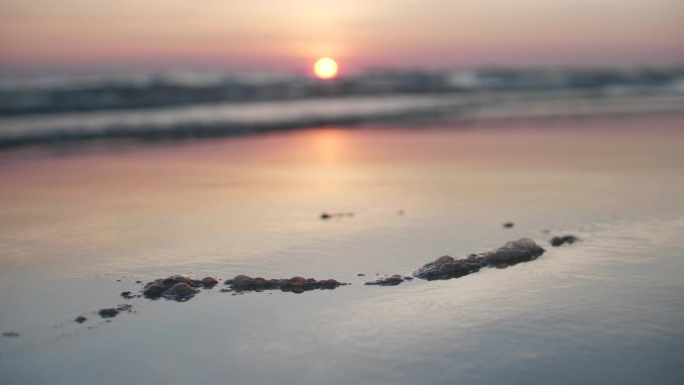 夕阳背景下的海滩上溢油，这是一个被原油污染的海滩