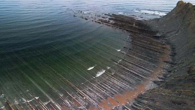 西班牙巴斯克萨克内塔海滩，复理石地质构造延伸到海洋，全景空中静态