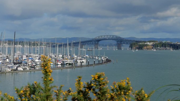 延时拍摄的贝斯沃特码头和奥克兰海港大桥在奥克兰，新西兰