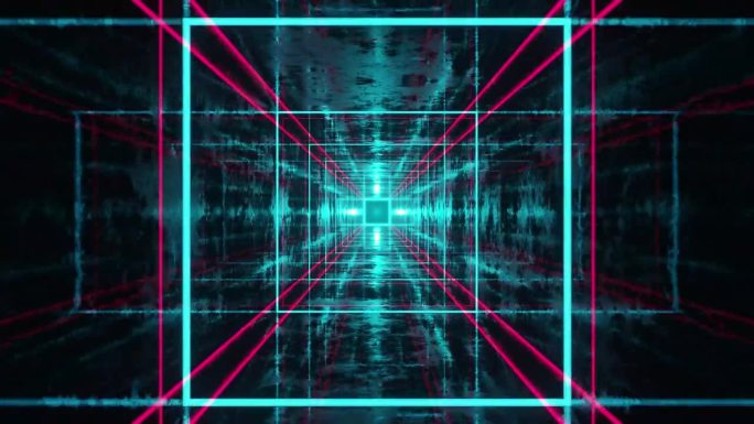 红蓝矩形隧道的未来探索，注入AI, VR, Metaverse，区块链加密货币，前沿未来技术，赛博朋