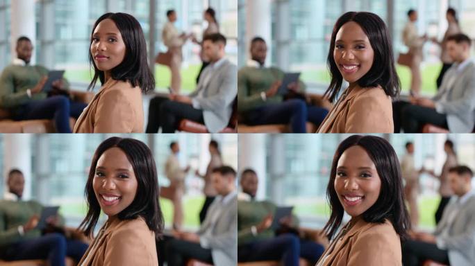商业，黑人女性在规划，创业公司和职业机会会议上的快乐和面孔。公司团队，办公室，实习女工肖像，新工作和