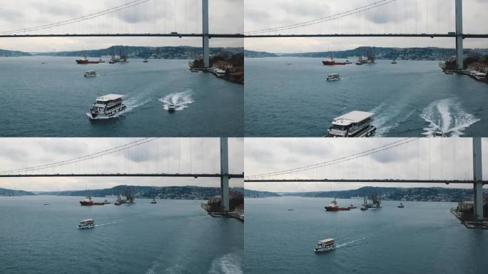 伊斯坦布尔博斯普鲁斯海峡的海上交通，由拖船拖着的石油平台慢慢靠近博斯普鲁斯大桥下。