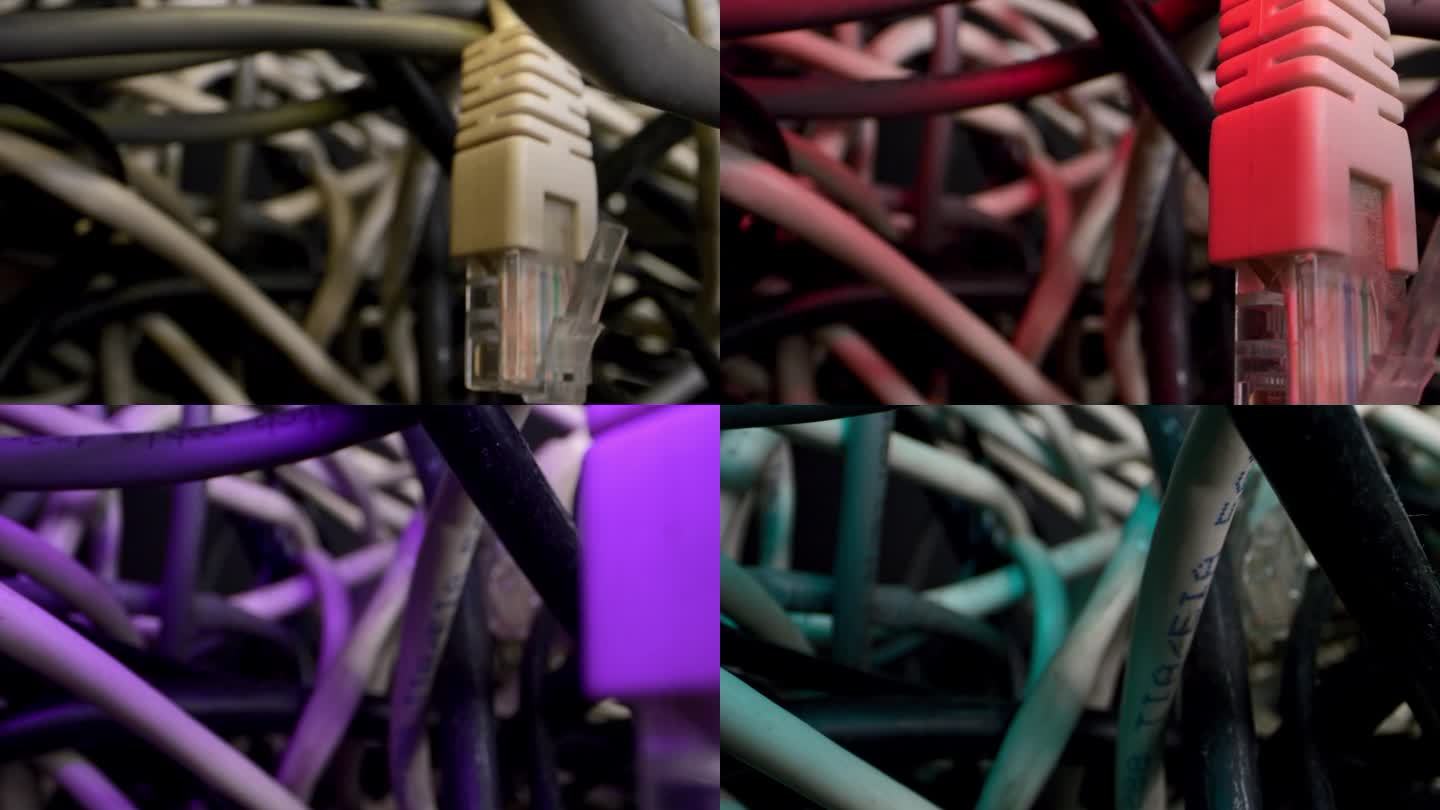摄像机深入到错综复杂的网线中。缠结的电缆，杂乱的电脑问题。