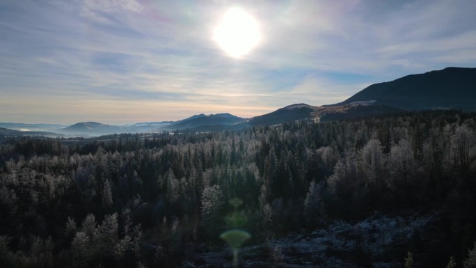 冬季森林自然白雪覆盖的冬季树木高山景观清晨日出假日旅游霜冻的树顶鲜艳的色彩空中4k