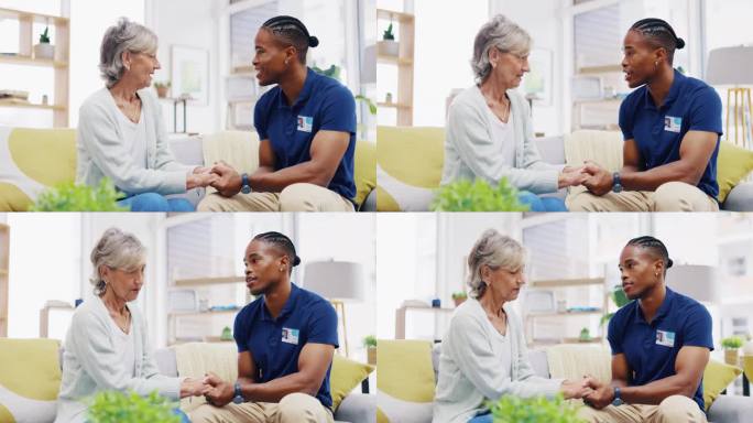 在癌症康复过程中，黑人男性、护理人员或老妇人手拉手寻求支持或同情。医疗保健咨询，老年人或男护士护理，