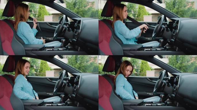 坐在汽车驾驶座上系安全带的妇女触摸方向盘。小女孩坐在现代汽车里系上安全带。女性购车者选择新车。