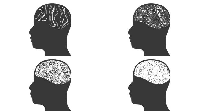人的大脑由可变的条纹或曲线构成。人头剪影。正面侧面。心理健康和抑郁的概念。脑活动可视化