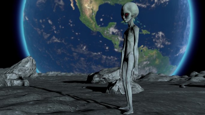 可怕的灰色外星人站在月球上，看起来在眨眼睛。地球是可见的。UFO未来概念。3 d渲染。