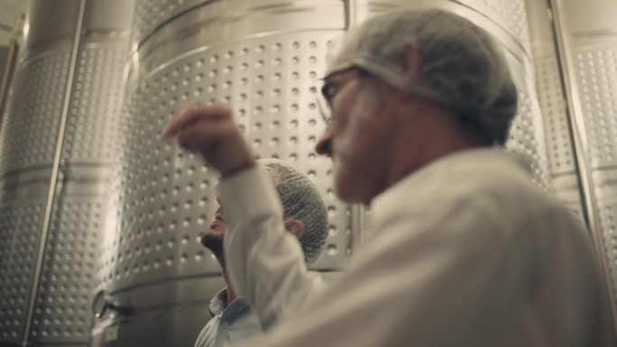 酿酒师在现代工厂生产中检查葡萄酒质量。