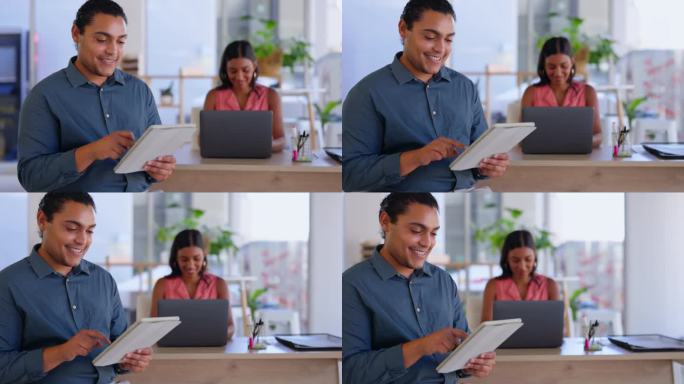 创意快乐的人，平板电脑和计划时间表，团队合作或研究在办公室启动。男性员工计划员微笑着在触摸屏上处理设