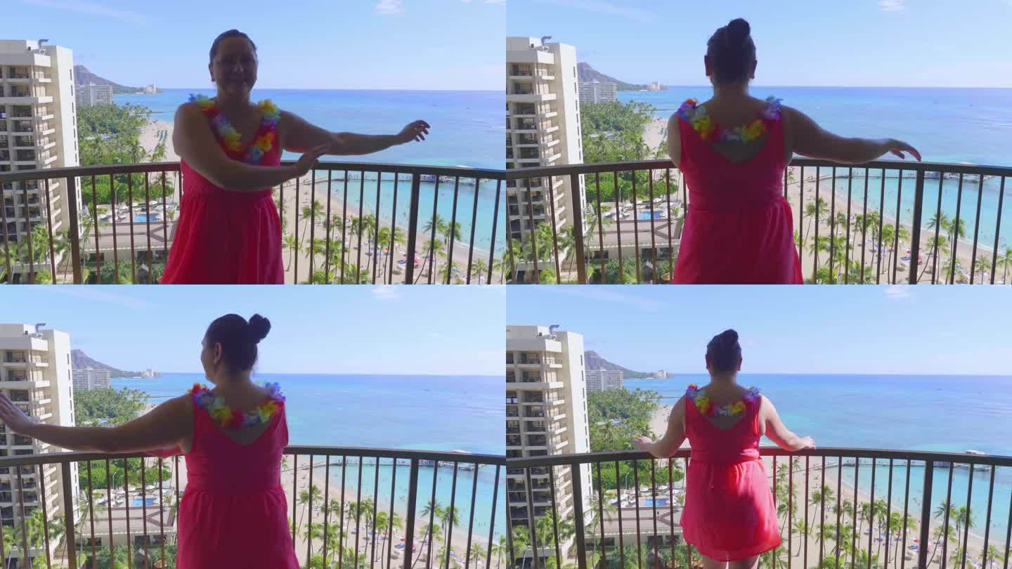 一名女子跳草裙舞，背景是夏威夷檀香山威基基海滩的美丽景色，画面为4k慢动作，每秒60帧