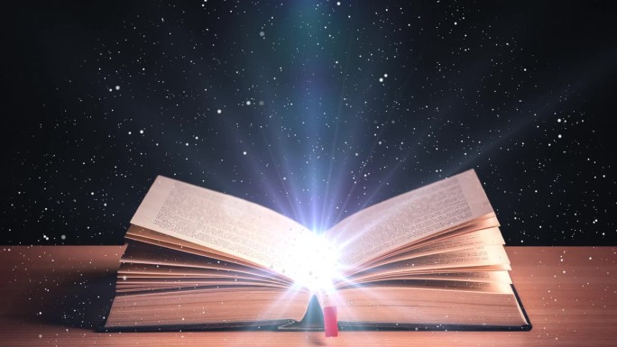发光的光耀斑和飞行粒子的童话书。魔法童话书在木桌上